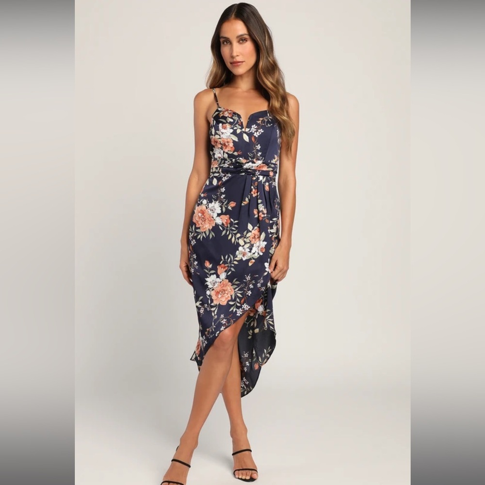 Navy Blue Floral Print Tulip Skirt Midi Dress *NEW WITH TAGS*